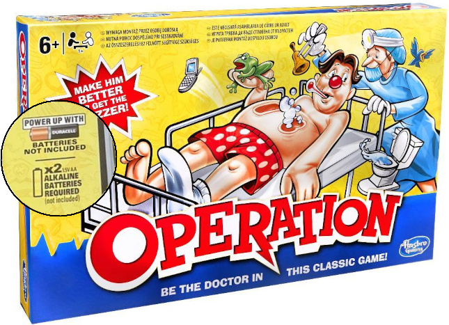 The classic board game Operation uses 2 AA batteries which are not included in the box.