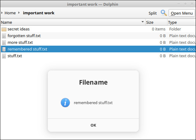 A message using zenity, containing the filename of the file we right clicked.