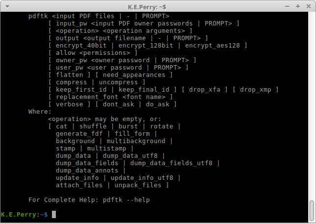 pdftk command displays a helpful instruction when run without any arguments.