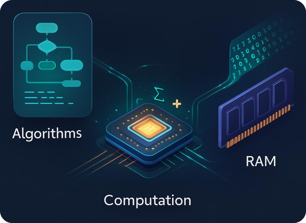 Algorithms, computation, and RAM are the three most important components of a chatbot.
